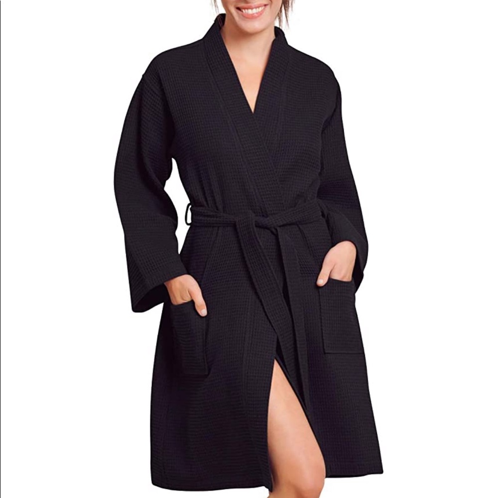 Soft Touch Linen Kimono Waffle Spa Robe Black